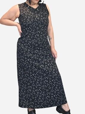 90s Vintage BICÉ By Sag Harbor Black Maxi Dress with White Floral Print Small